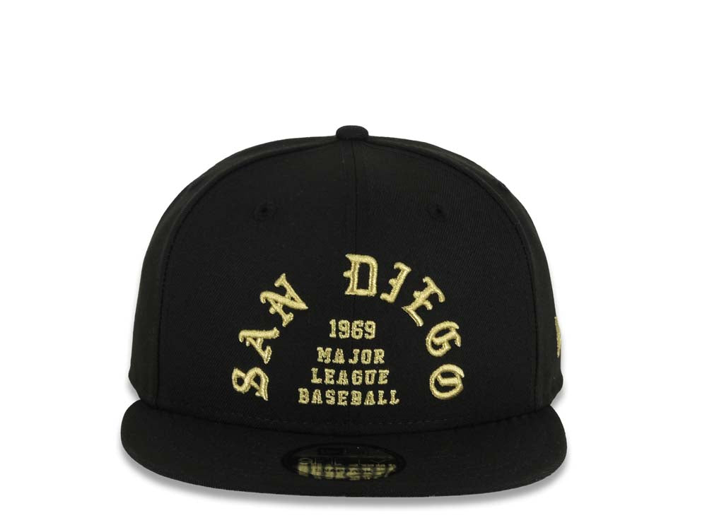 San Diego Padres New Era MLB 9FIFTY 950 Snapback Cap Hat Black Crown/Visor Metallic Gold 1969 Major League Baseball Text/Script Logo Gray UV