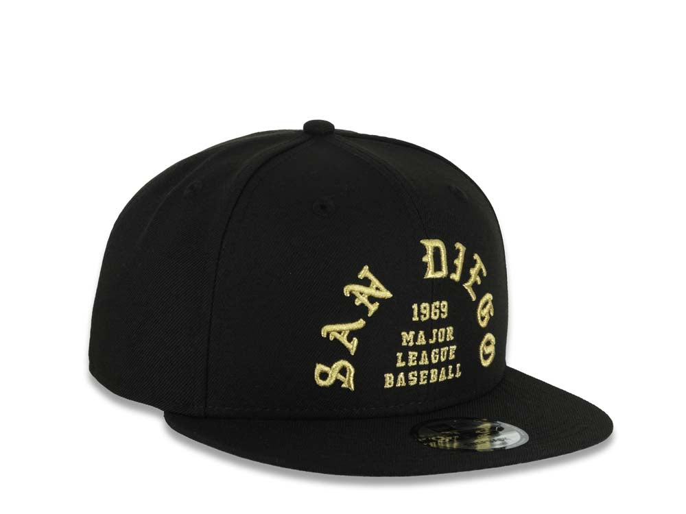 San Diego Padres New Era MLB 9FIFTY 950 Snapback Cap Hat Black Crown/Visor Metallic Gold 1969 Major League Baseball Text/Script Logo Gray UV