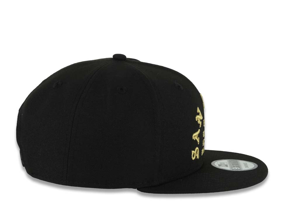 San Diego Padres New Era MLB 9FIFTY 950 Snapback Cap Hat Black Crown/Visor Metallic Gold 1969 Major League Baseball Text/Script Logo Gray UV