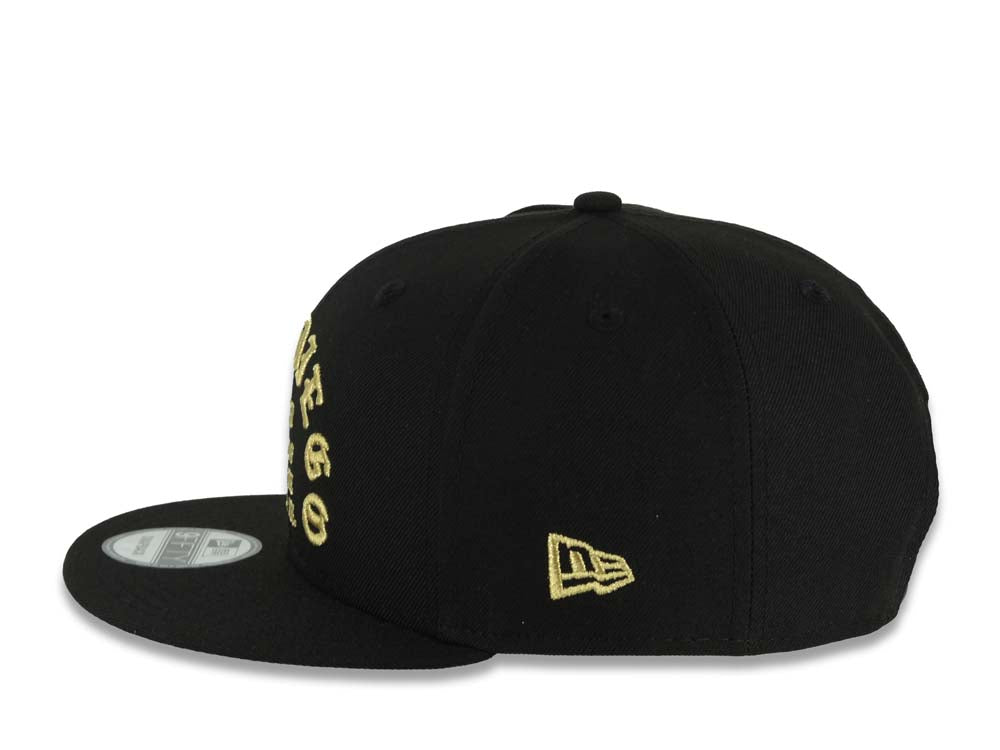 San Diego Padres New Era MLB 9FIFTY 950 Snapback Cap Hat Black Crown/Visor Metallic Gold 1969 Major League Baseball Text/Script Logo Gray UV