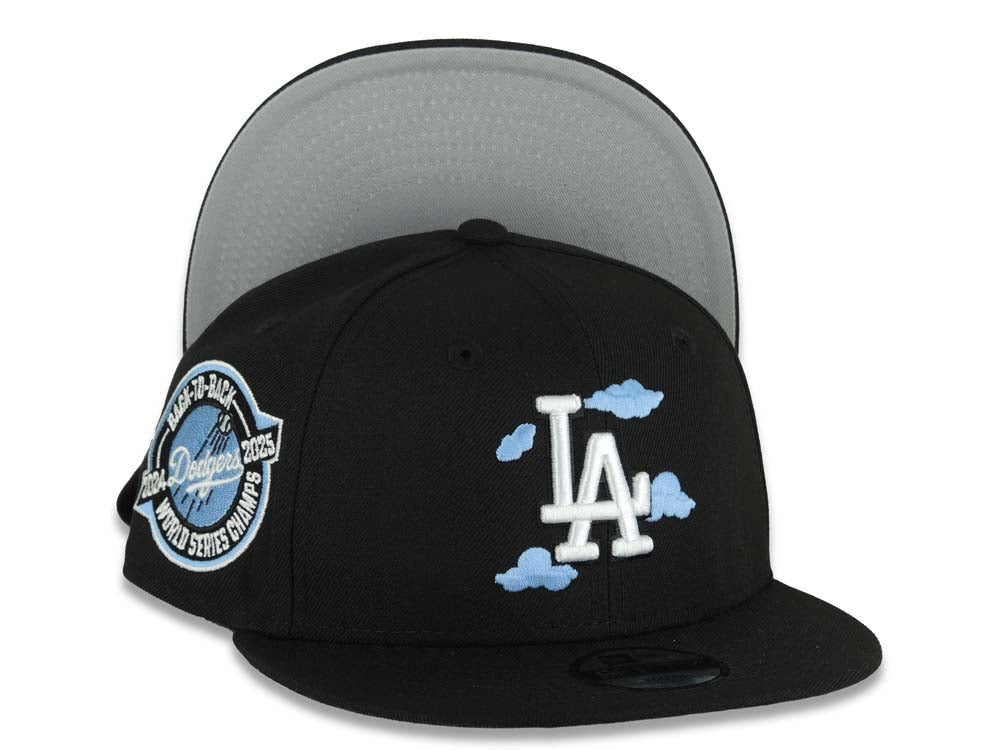 (Youth)Los Angeles Dodgers New Era MLB 9FIFTY 950 Snapback Cap Hat Black Crown/Visor White Logo With Cloud 2024-2025 Back To Back Champions Side Patch