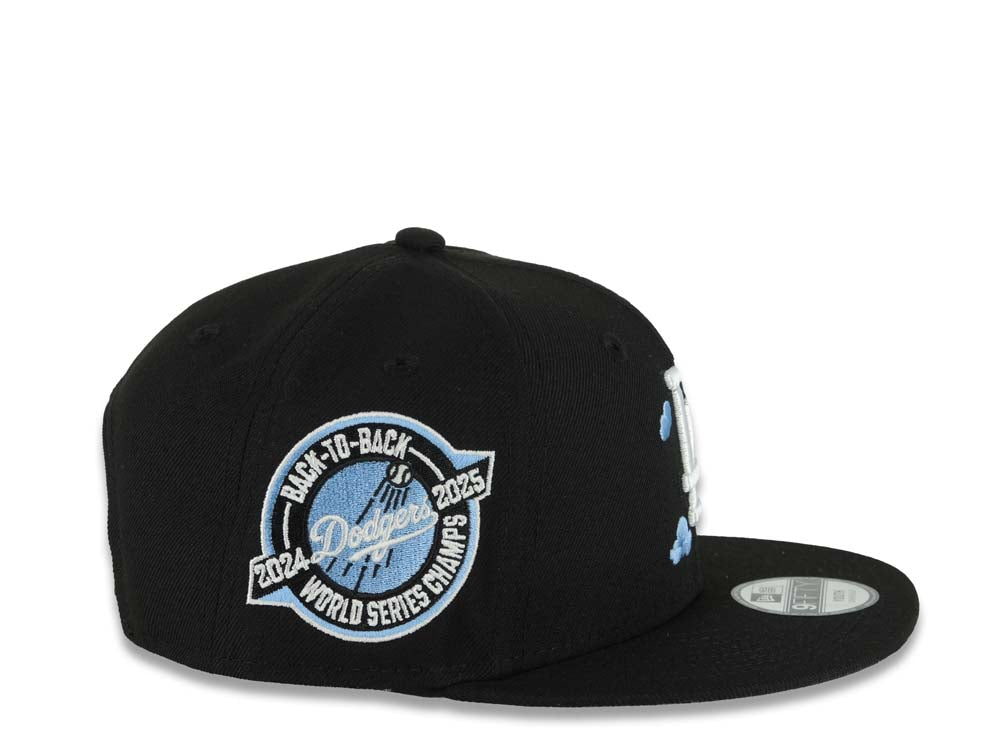 (Youth)Los Angeles Dodgers New Era MLB 9FIFTY 950 Snapback Cap Hat Black Crown/Visor White Logo With Cloud 2024-2025 Back To Back Champions Side Patch