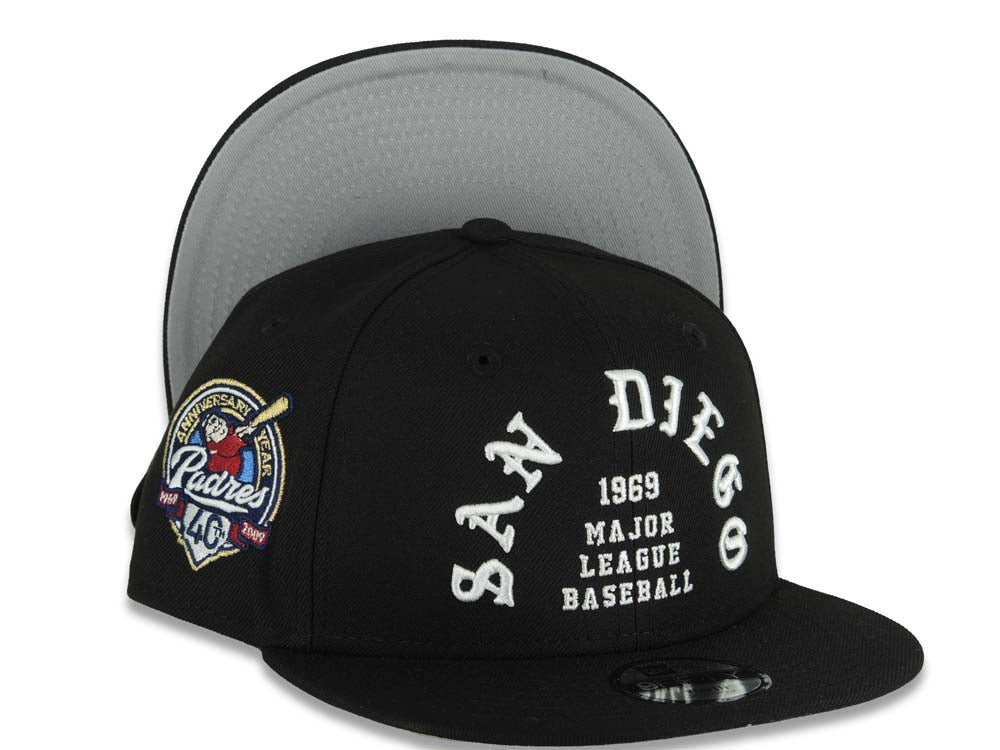 (Youth)San Diego Padres New Era MLB 9FIFTY 950 Snapback Cap Hat Black Crown/Visor White 1969 Major League Baseball Logo 40th Anniversary Side Patch