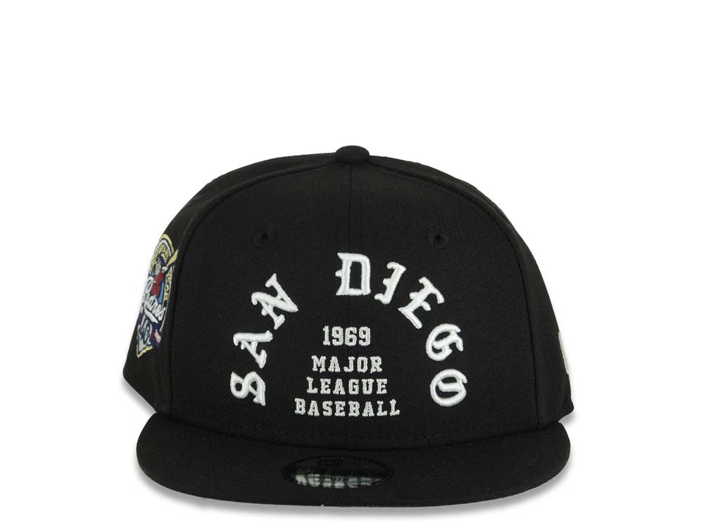 (Youth)San Diego Padres New Era MLB 9FIFTY 950 Snapback Cap Hat Black Crown/Visor White 1969 Major League Baseball Logo 40th Anniversary Side Patch