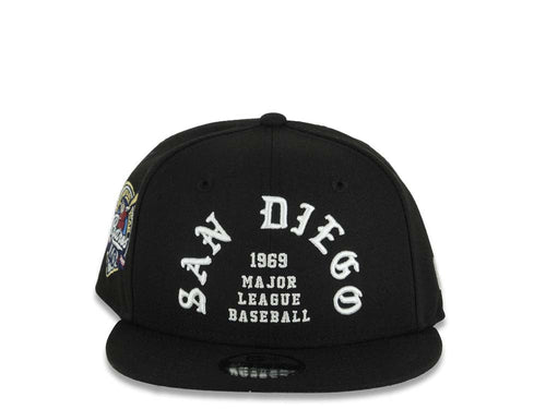 (Youth)San Diego Padres New Era MLB 9FIFTY 950 Snapback Cap Hat Black Crown/Visor White 1969 Major League Baseball Logo 40th Anniversary Side Patch
