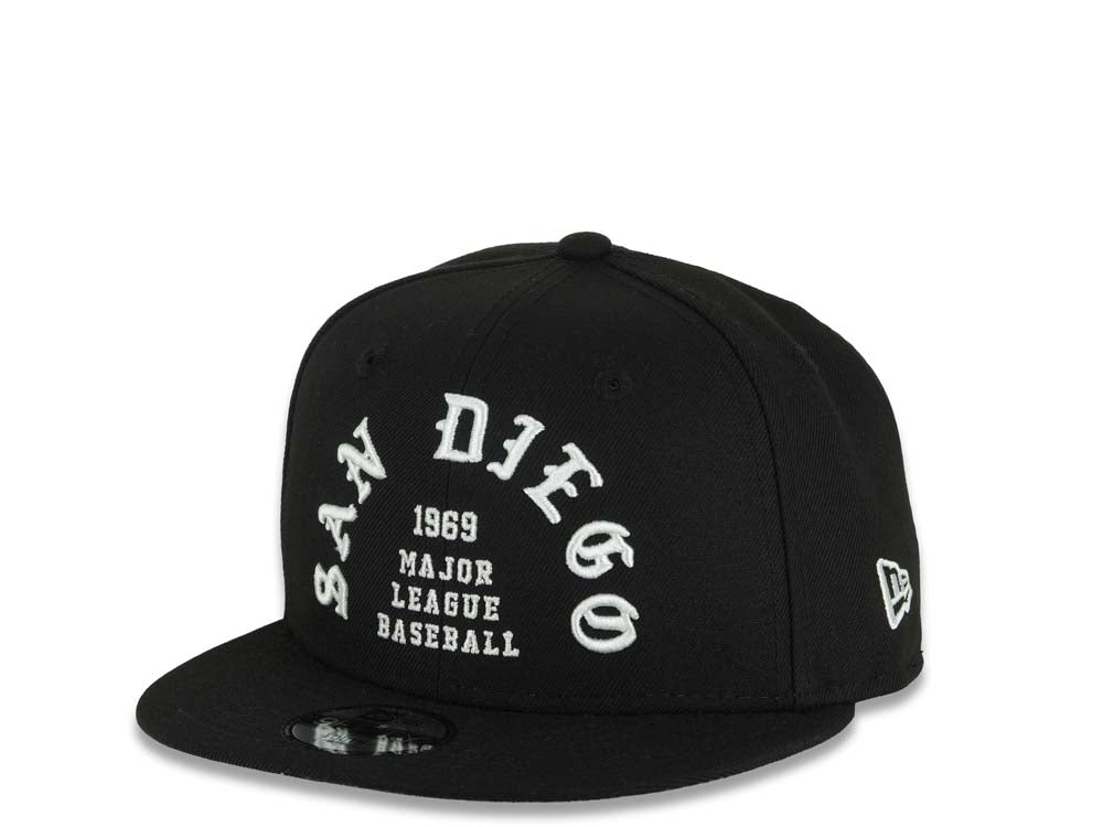 (Youth)San Diego Padres New Era MLB 9FIFTY 950 Snapback Cap Hat Black Crown/Visor White 1969 Major League Baseball Logo 40th Anniversary Side Patch