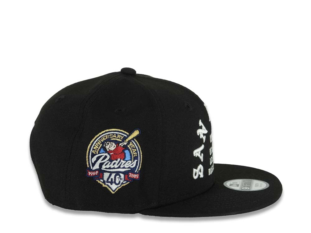 (Youth)San Diego Padres New Era MLB 9FIFTY 950 Snapback Cap Hat Black Crown/Visor White 1969 Major League Baseball Logo 40th Anniversary Side Patch