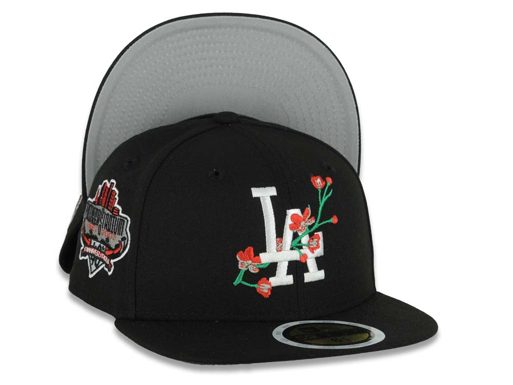 (Youth)Los Angeles Dodgers New Era MLB 59FIFTY 5950 Kid Fitted Cap Hat Black Crown/Visor White/Red Logo With Rose 40th Anniversary Stadium Side Patch