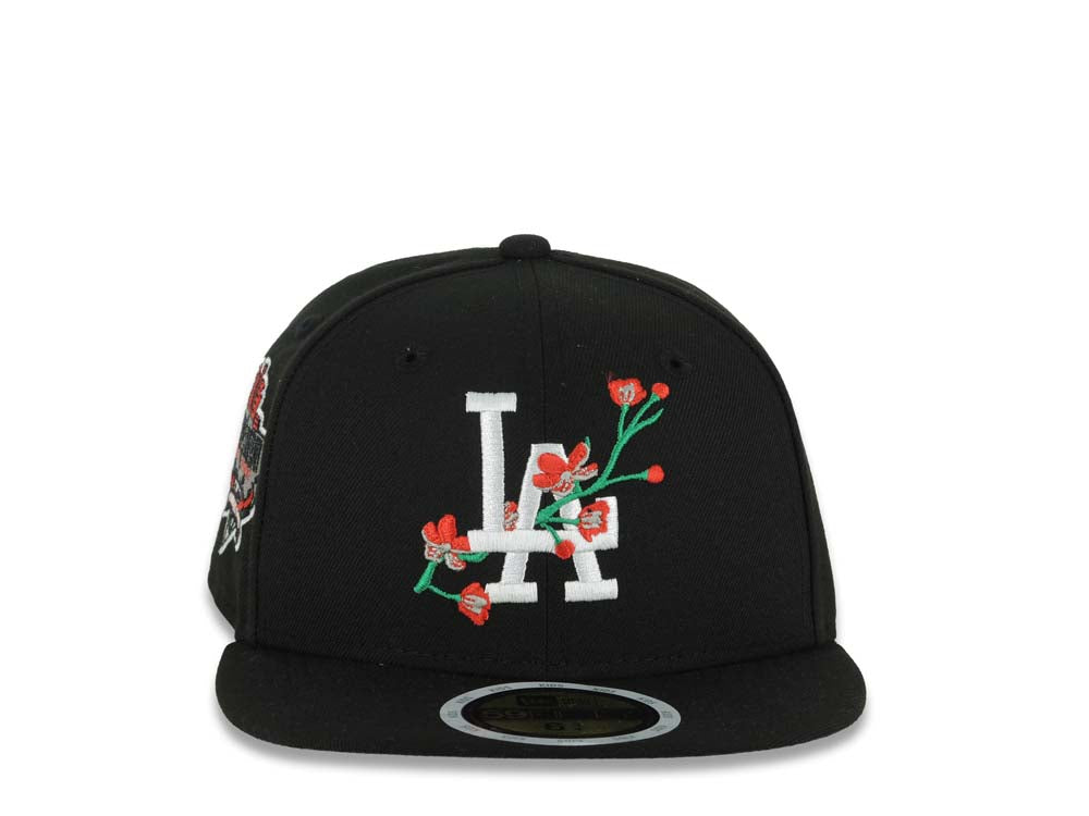(Youth)Los Angeles Dodgers New Era MLB 59FIFTY 5950 Kid Fitted Cap Hat Black Crown/Visor White/Red Logo With Rose 40th Anniversary Stadium Side Patch