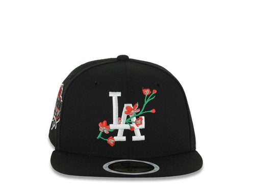 (Youth)Los Angeles Dodgers New Era MLB 59FIFTY 5950 Kid Fitted Cap Hat Black Crown/Visor White/Red Logo With Rose 40th Anniversary Stadium Side Patch