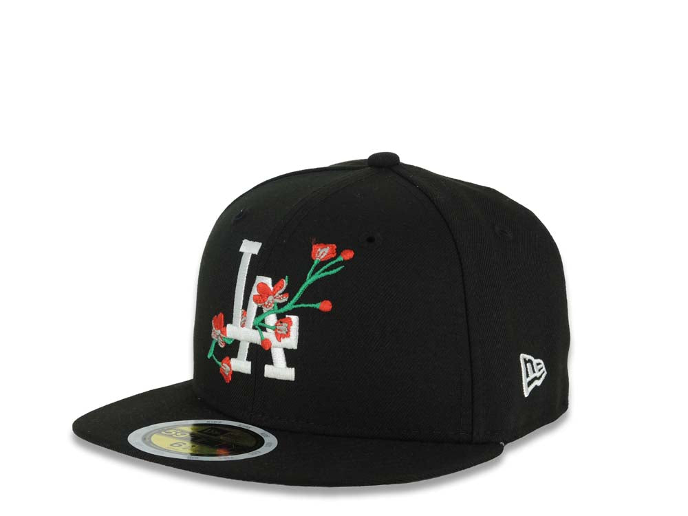 (Youth)Los Angeles Dodgers New Era MLB 59FIFTY 5950 Kid Fitted Cap Hat Black Crown/Visor White/Red Logo With Rose 40th Anniversary Stadium Side Patch