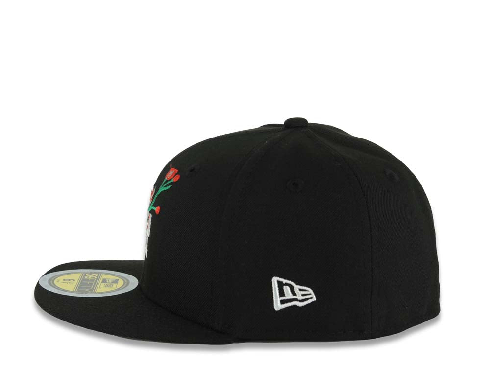 (Youth)Los Angeles Dodgers New Era MLB 59FIFTY 5950 Kid Fitted Cap Hat Black Crown/Visor White/Red Logo With Rose 40th Anniversary Stadium Side Patch