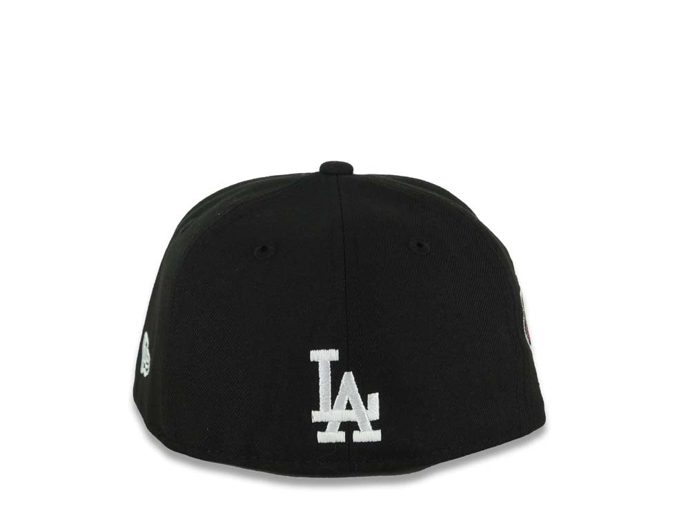 (Youth)Los Angeles Dodgers New Era MLB 59FIFTY 5950 Kid Fitted Cap Hat Black Crown/Visor White/Red Logo With Rose 40th Anniversary Stadium Side Patch