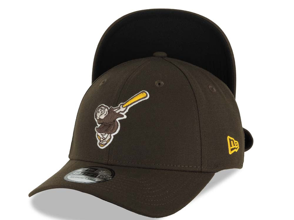 San Diego Padres New Era MLB 39THIRTY 3930 Flexfit Cap Hat Brown Crown/Visor Brown/Yellow Swinging Friar Logo Black UV
