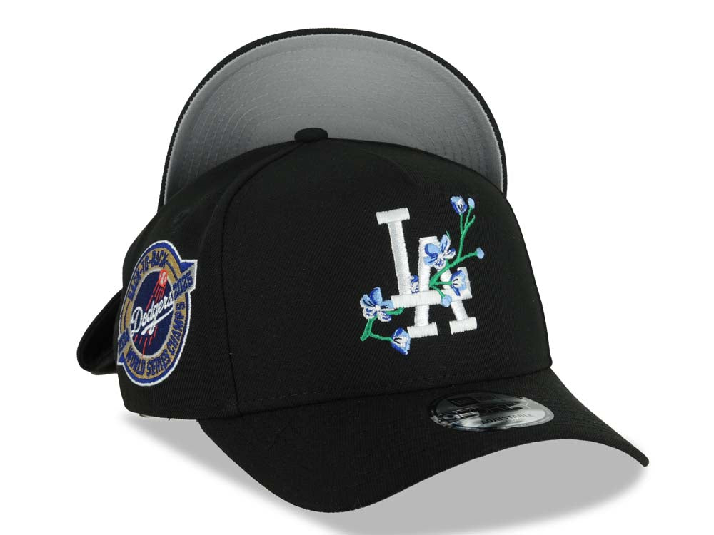 Los Angeles Dodgers New Era MLB 9FORTY 940 Adjustable A-Frame Cap Black Crown/Visor White/Blue Rose Logo 2024-2025 World Series Champions Side Patch