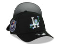 Los Angeles Dodgers New Era MLB 9FORTY 940 Adjustable A-Frame Cap Black Crown/Visor White/Blue Rose Logo 2024-2025 World Series Champions Side Patch