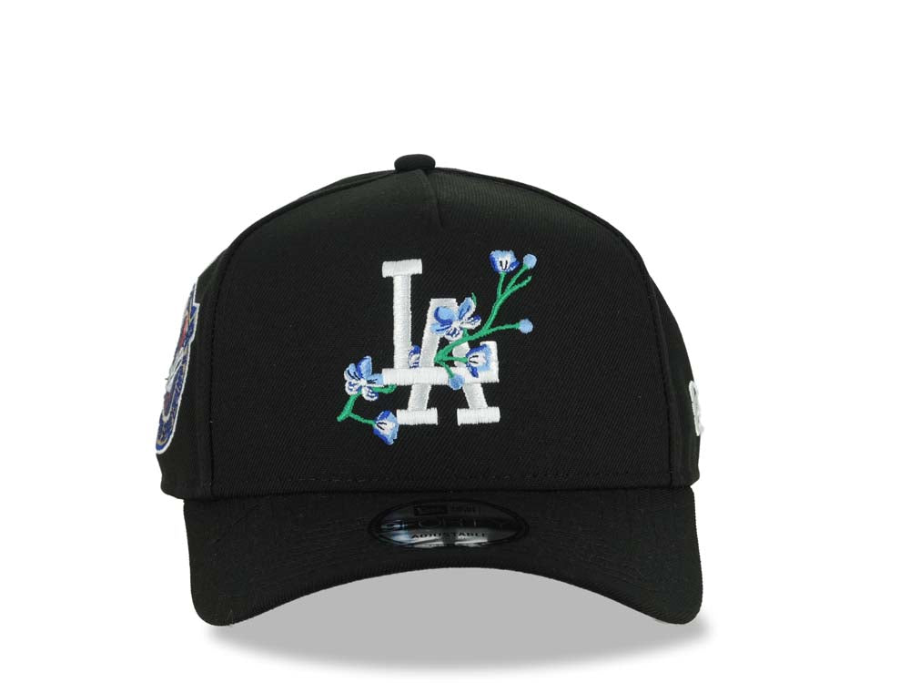 Los Angeles Dodgers New Era MLB 9FORTY 940 Adjustable A-Frame Cap Black Crown/Visor White/Blue Rose Logo 2024-2025 World Series Champions Side Patch