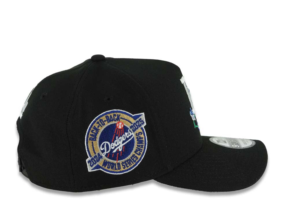Los Angeles Dodgers New Era MLB 9FORTY 940 Adjustable A-Frame Cap Black Crown/Visor White/Blue Rose Logo 2024-2025 World Series Champions Side Patch