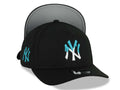 New York Yankees New Era MLB 9FORTY 940 Adjustable A-Frame Cap Hat Black Crown/Visor White/Teal Drip Logo NY Logo Side Patch Gray UV