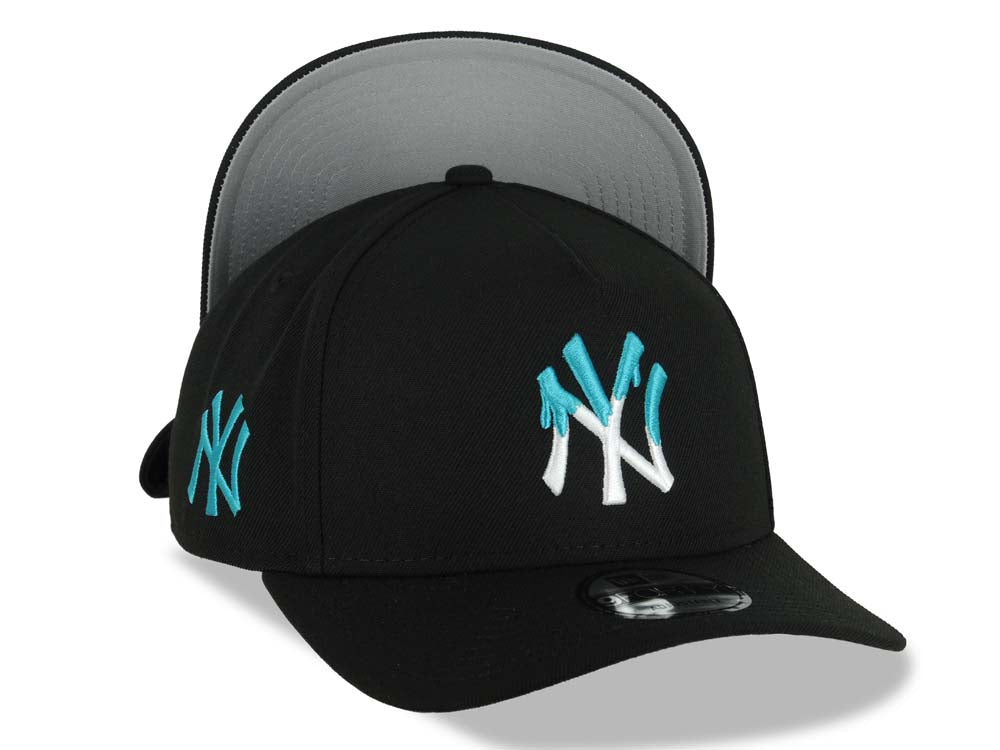 New York Yankees New Era MLB 9FORTY 940 Adjustable A-Frame Cap Hat Black Crown/Visor White/Teal Drip Logo NY Logo Side Patch Gray UV