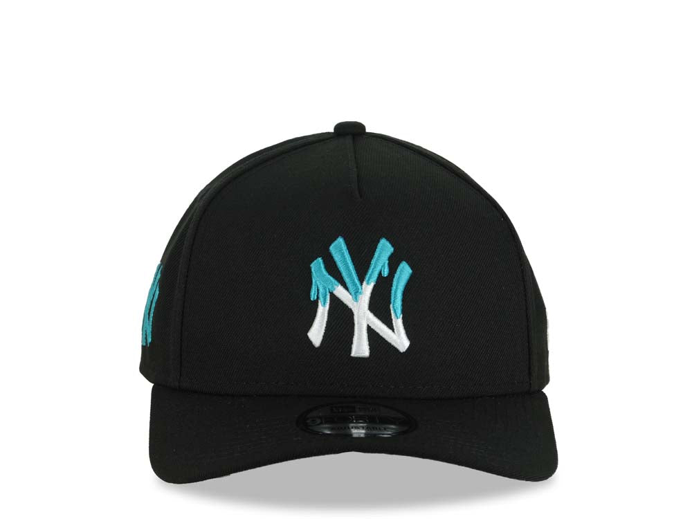 New York Yankees New Era MLB 9FORTY 940 Adjustable A-Frame Cap Hat Black Crown/Visor White/Teal Drip Logo NY Logo Side Patch Gray UV