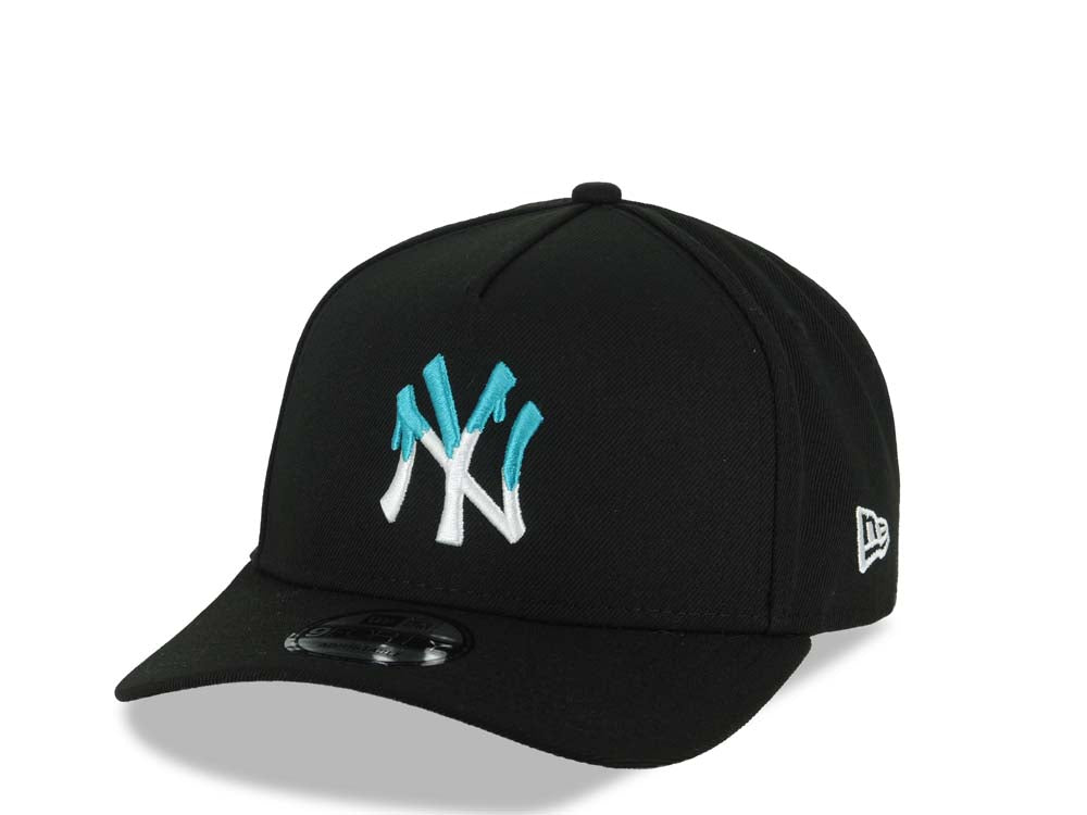 New York Yankees New Era MLB 9FORTY 940 Adjustable A-Frame Cap Hat Black Crown/Visor White/Teal Drip Logo NY Logo Side Patch Gray UV