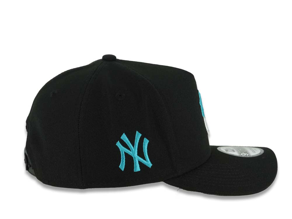 New York Yankees New Era MLB 9FORTY 940 Adjustable A-Frame Cap Hat Black Crown/Visor White/Teal Drip Logo NY Logo Side Patch Gray UV
