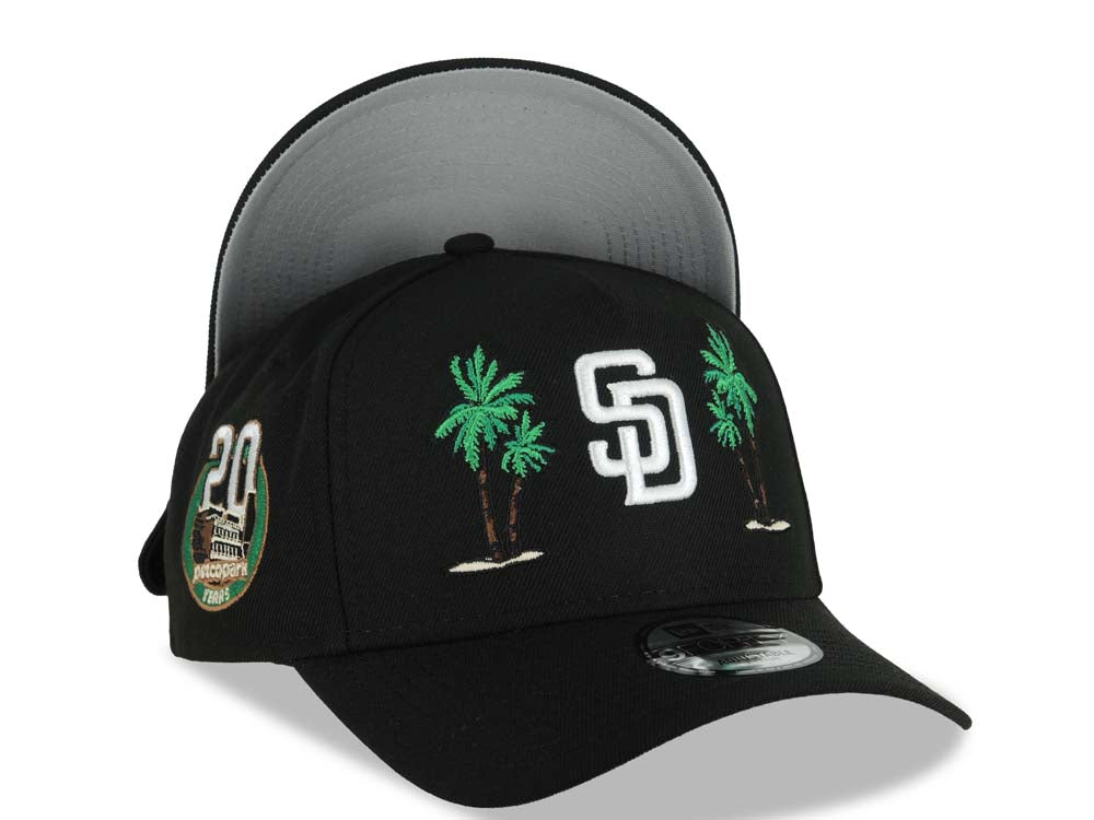 San Diego Padres New Era MLB 9FORTY 940 Adjustable A-Frame Cap Hat Black Crown/Visor White Logo With 2 Palm Trees 20 Years Petcopark Side Patch