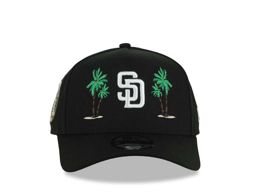 San Diego Padres New Era MLB 9FORTY 940 Adjustable A-Frame Cap Hat Black Crown/Visor White Logo With 2 Palm Trees 20 Years Petcopark Side Patch