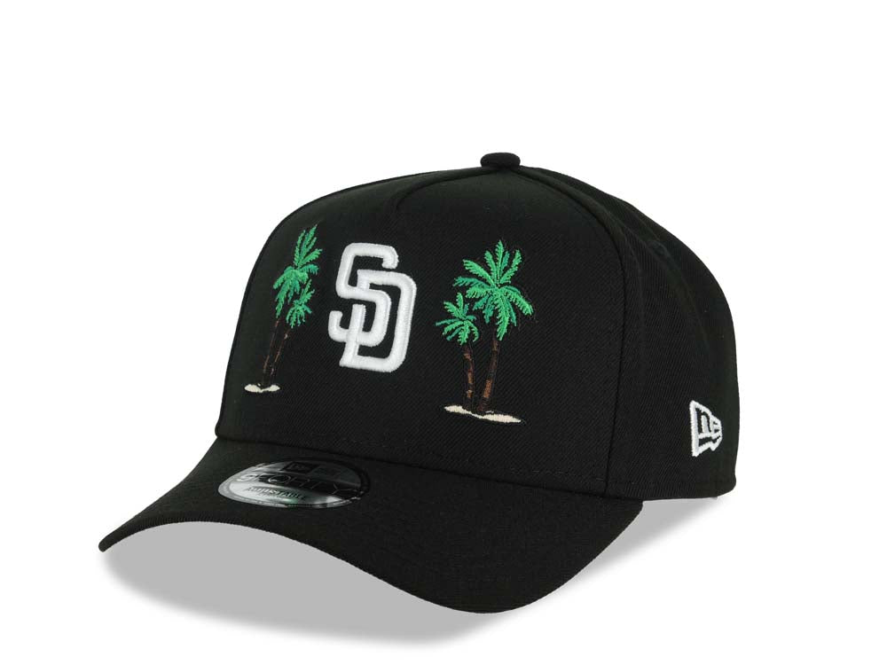 San Diego Padres New Era MLB 9FORTY 940 Adjustable A-Frame Cap Hat Black Crown/Visor White Logo With 2 Palm Trees 20 Years Petcopark Side Patch