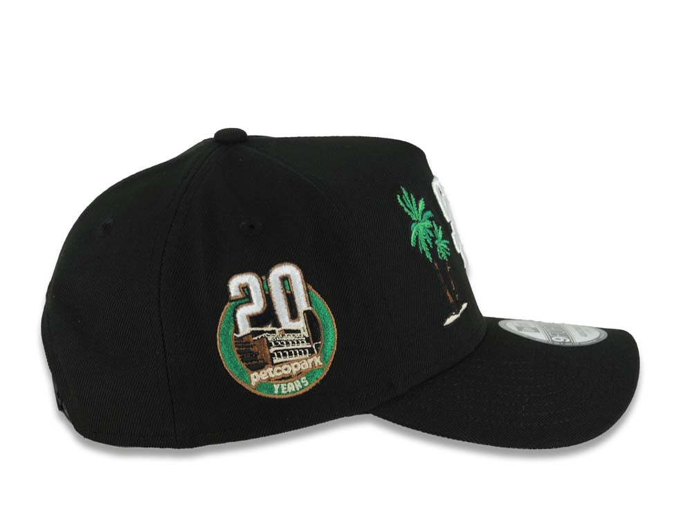San Diego Padres New Era MLB 9FORTY 940 Adjustable A-Frame Cap Hat Black Crown/Visor White Logo With 2 Palm Trees 20 Years Petcopark Side Patch