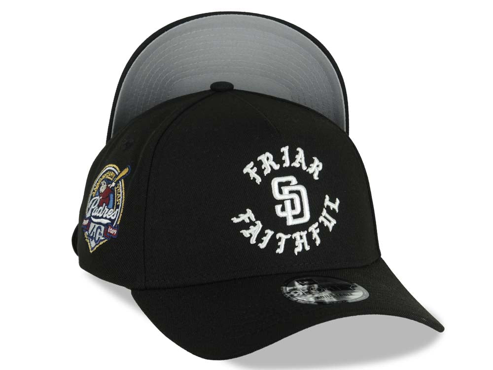 San Diego Padres New Era MLB 9FORTY 940 Adjustable A-Frame Cap Hat Black Crown/Visor White Friar Faithful Text Logo 40th Anniversary Side Patch