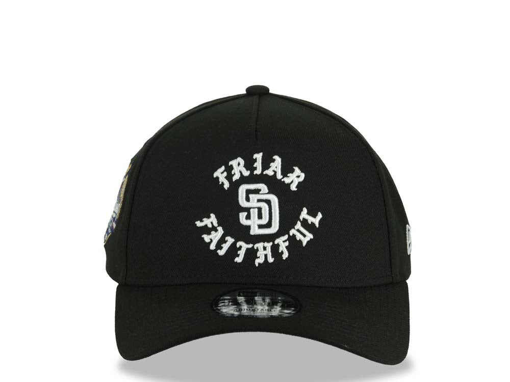 San Diego Padres New Era MLB 9FORTY 940 Adjustable A-Frame Cap Hat Black Crown/Visor White Friar Faithful Text Logo 40th Anniversary Side Patch