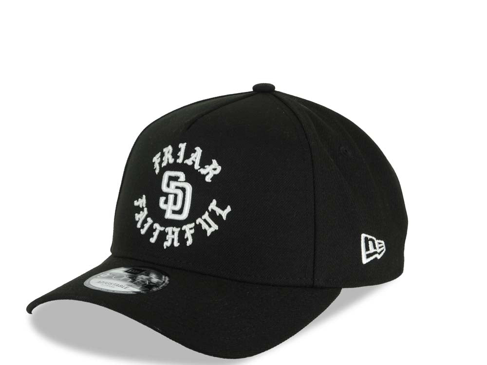 San Diego Padres New Era MLB 9FORTY 940 Adjustable A-Frame Cap Hat Black Crown/Visor White Friar Faithful Text Logo 40th Anniversary Side Patch
