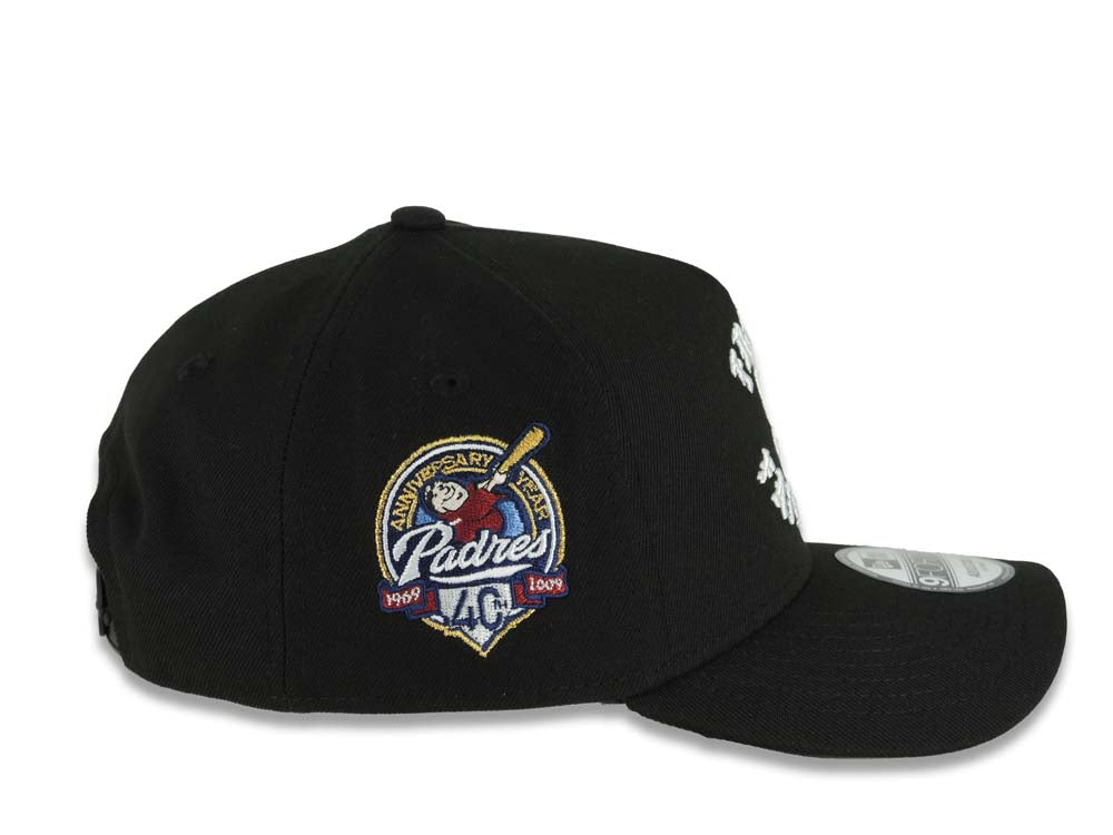 San Diego Padres New Era MLB 9FORTY 940 Adjustable A-Frame Cap Hat Black Crown/Visor White Friar Faithful Text Logo 40th Anniversary Side Patch