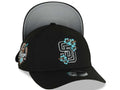San Diego Padres New Era MLB 9FORTY 940 Adjustable A-Frame Cap Hat Black Crown/Visor Black/White/Teal Logo With Floral  40th Anniversary Side Patch