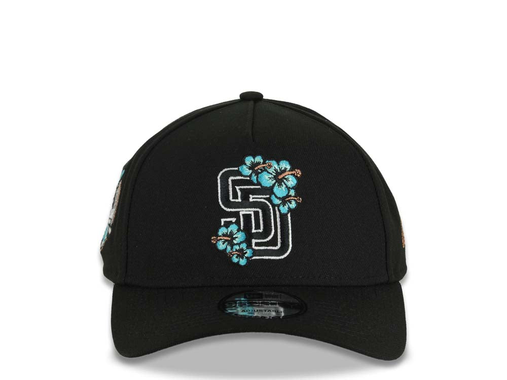 San Diego Padres New Era MLB 9FORTY 940 Adjustable A-Frame Cap Hat Black Crown/Visor Black/White/Teal Logo With Floral  40th Anniversary Side Patch