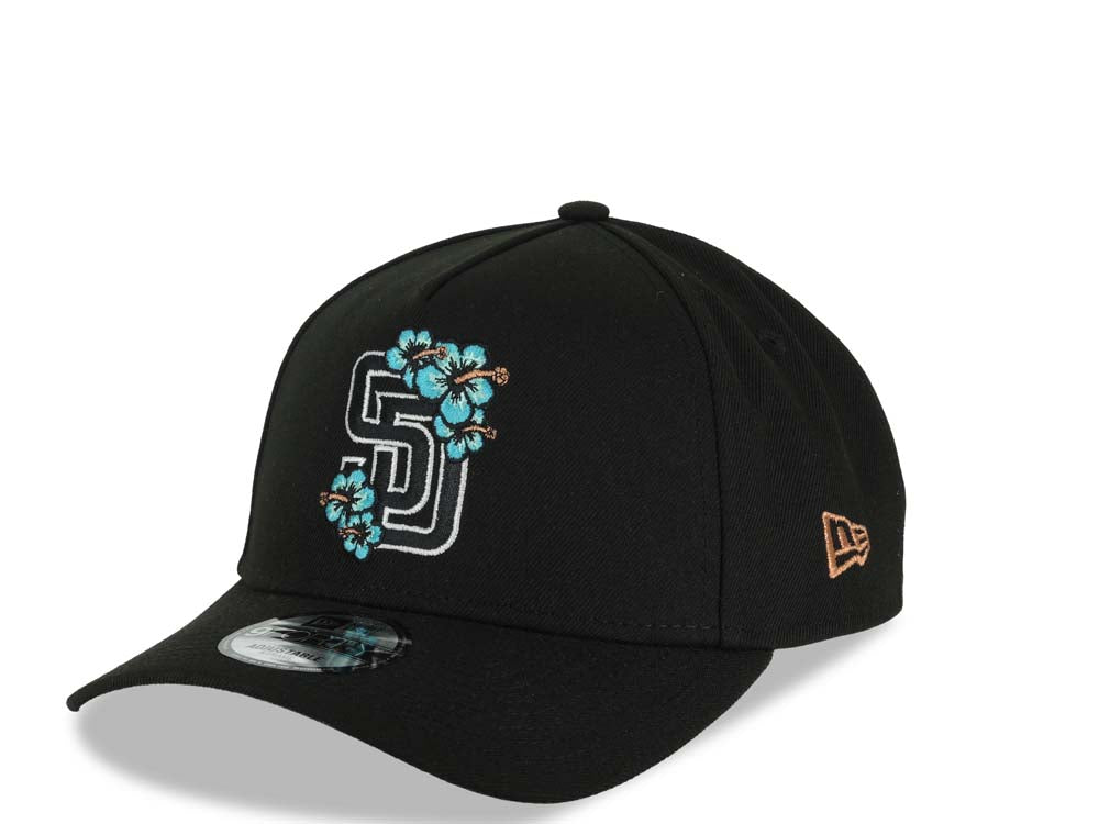 San Diego Padres New Era MLB 9FORTY 940 Adjustable A-Frame Cap Hat Black Crown/Visor Black/White/Teal Logo With Floral  40th Anniversary Side Patch
