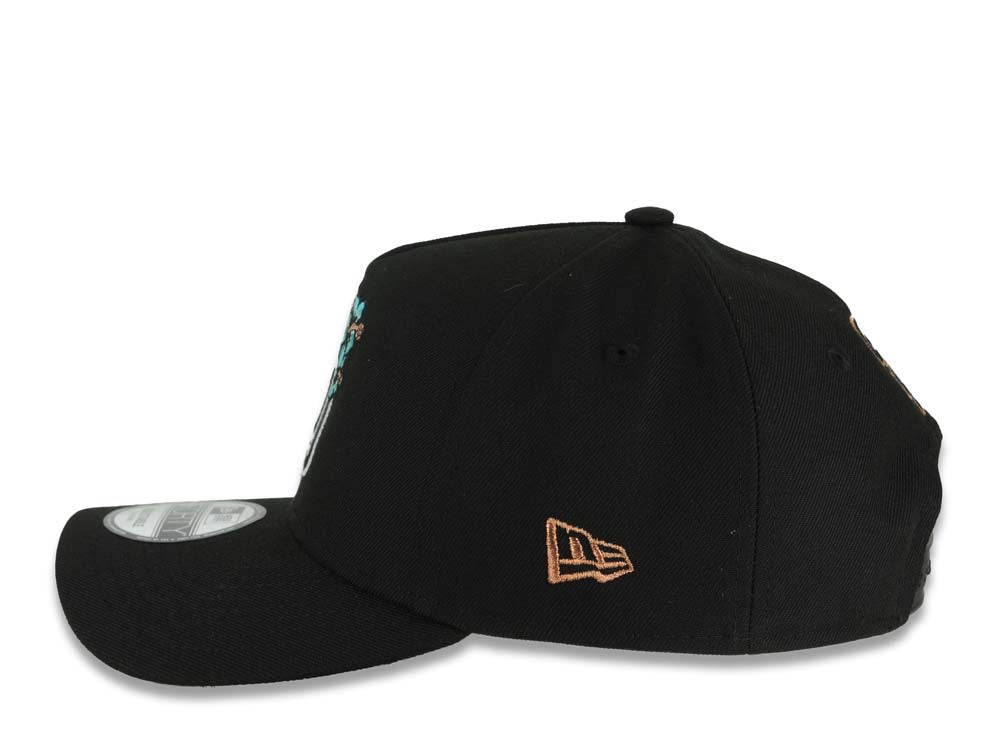 San Diego Padres New Era MLB 9FORTY 940 Adjustable A-Frame Cap Hat Black Crown/Visor Black/White/Teal Logo With Floral  40th Anniversary Side Patch