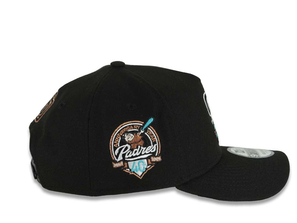 San Diego Padres New Era MLB 9FORTY 940 Adjustable A-Frame Cap Hat Black Crown/Visor Black/White/Teal Logo With Floral  40th Anniversary Side Patch