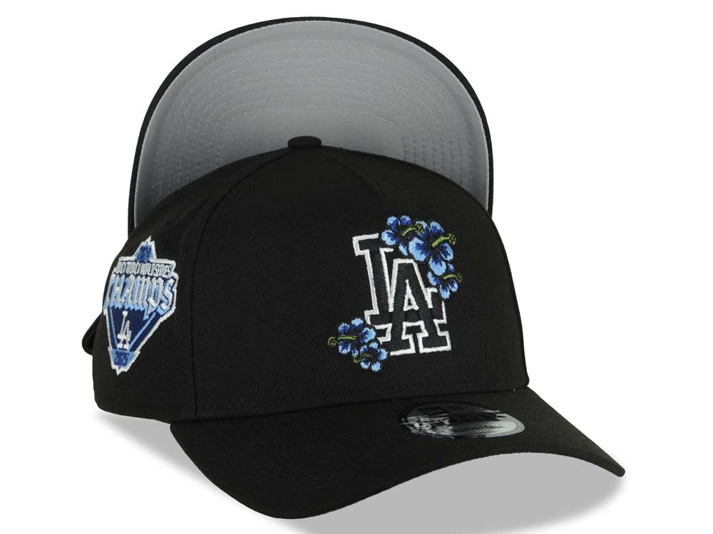 Los Angeles Dodgers New Era MLB 9FORTY 940 Adjustable A-Frame Cap Black Crown/Visor Black/Blue Floral Logo Back To Back World Series Champs Side Patch