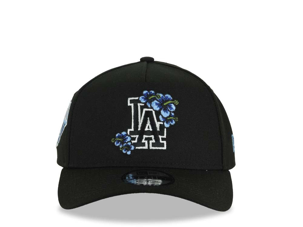 Los Angeles Dodgers New Era MLB 9FORTY 940 Adjustable A-Frame Cap Black Crown/Visor Black/Blue Floral Logo Back To Back World Series Champs Side Patch