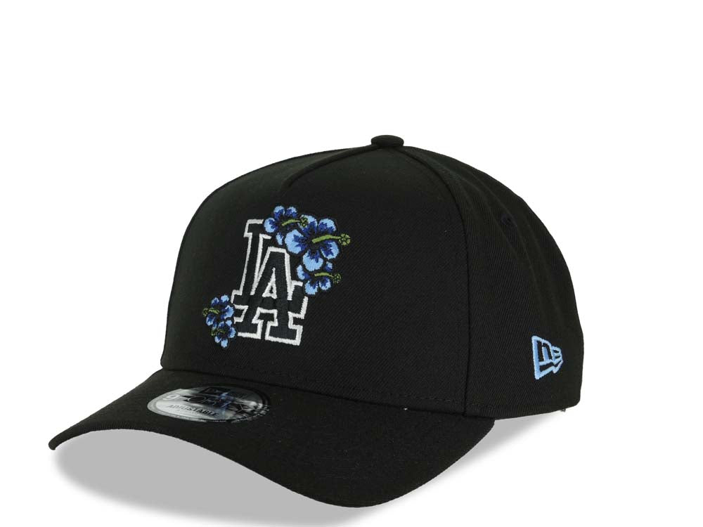 Los Angeles Dodgers New Era MLB 9FORTY 940 Adjustable A-Frame Cap Black Crown/Visor Black/Blue Floral Logo Back To Back World Series Champs Side Patch