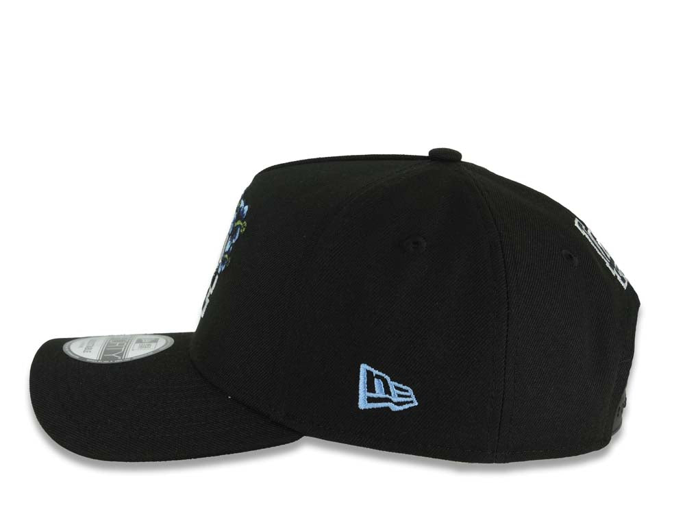 Los Angeles Dodgers New Era MLB 9FORTY 940 Adjustable A-Frame Cap Black Crown/Visor Black/Blue Floral Logo Back To Back World Series Champs Side Patch