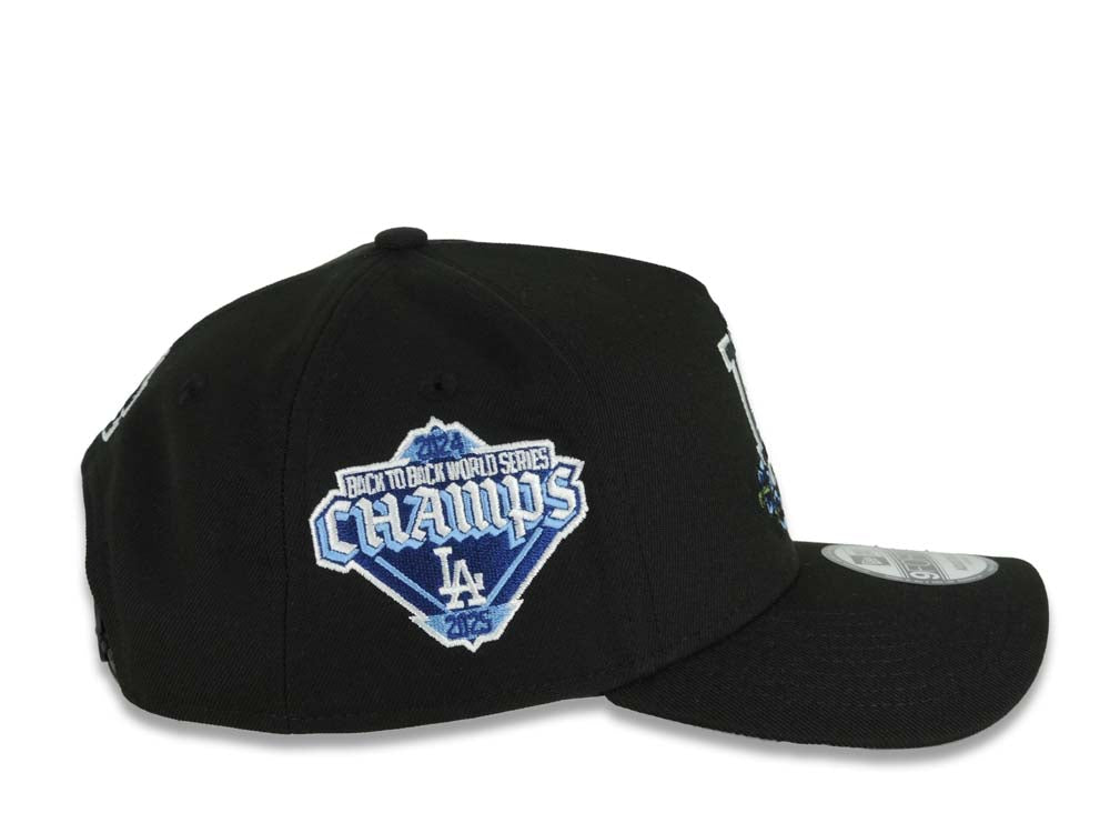 Los Angeles Dodgers New Era MLB 9FORTY 940 Adjustable A-Frame Cap Black Crown/Visor Black/Blue Floral Logo Back To Back World Series Champs Side Patch