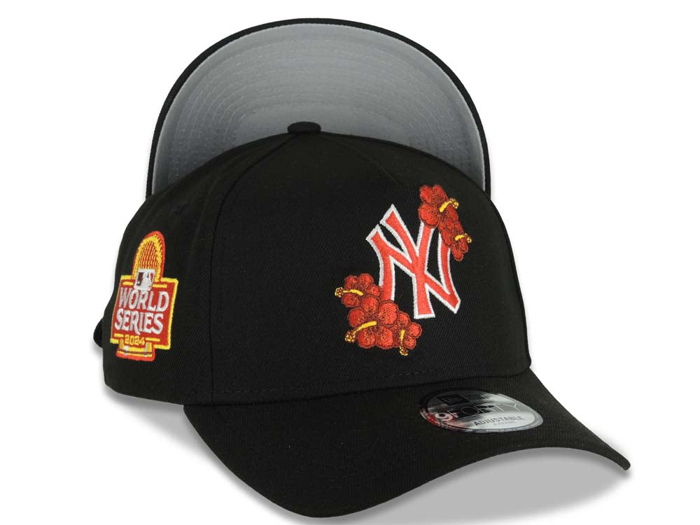 New York Yankees New Era MLB 9FORTY 940 Adjustable A-Frame Cap Hat Black Crown/Visor Red/White Logo With Floral 2024 World Series Side Patch Gray UV