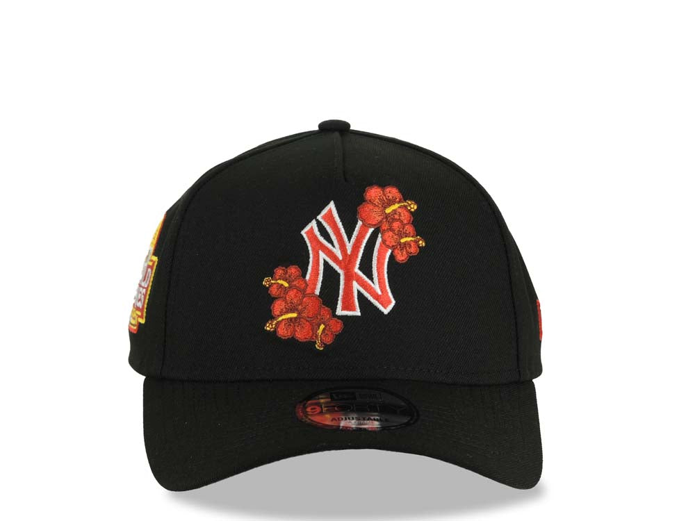 New York Yankees New Era MLB 9FORTY 940 Adjustable A-Frame Cap Hat Black Crown/Visor Red/White Logo With Floral 2024 World Series Side Patch Gray UV