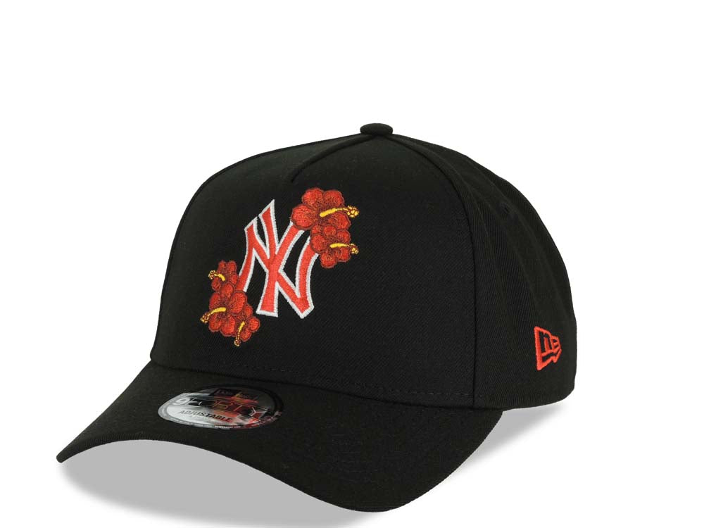 New York Yankees New Era MLB 9FORTY 940 Adjustable A-Frame Cap Hat Black Crown/Visor Red/White Logo With Floral 2024 World Series Side Patch Gray UV