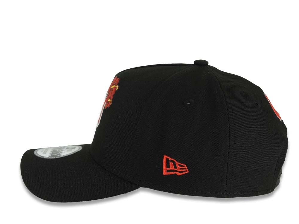 New York Yankees New Era MLB 9FORTY 940 Adjustable A-Frame Cap Hat Black Crown/Visor Red/White Logo With Floral 2024 World Series Side Patch Gray UV