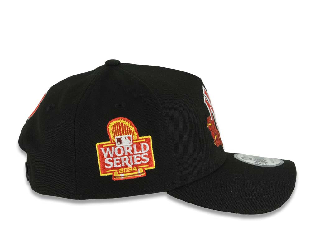 New York Yankees New Era MLB 9FORTY 940 Adjustable A-Frame Cap Hat Black Crown/Visor Red/White Logo With Floral 2024 World Series Side Patch Gray UV